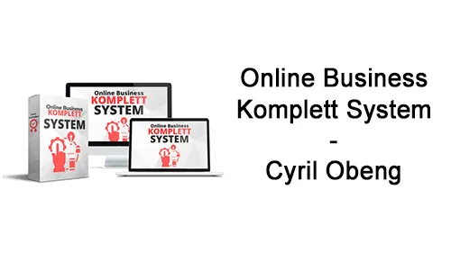 Kursbox und Bildschirme des Online Business Komplett Systems neben dem Schriftzug Online Business Komplett System – Cyril Obeng