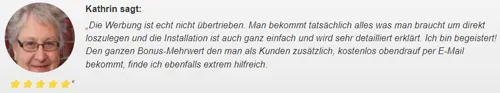 Fünf-Sterne-Kundenstimme von Kathrin zum Online Business Komplett System: detailliert erklärt, Bonus-Mehrwert hilfreich