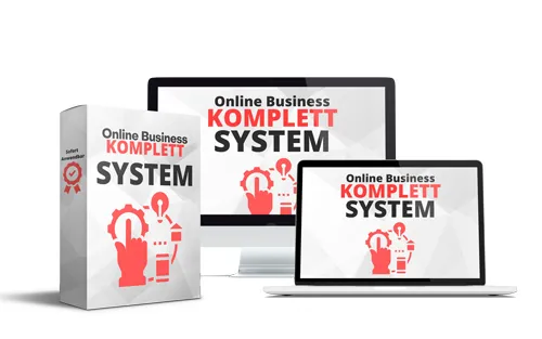 Kursbox des Online Business Komplett Systems neben Monitor und Laptop mit dem Kurs