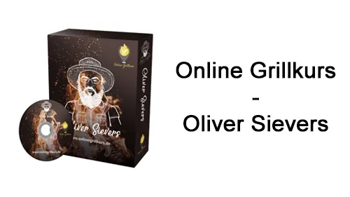 Kursbox mit DVD des Online Grillkurses neben dem Schriftzug Online Grillkurs – Oliver Sievers