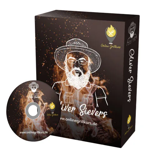 Kursbox und DVD des Online Grillkurses mit einer Zeichnung von Oliver Sievers
