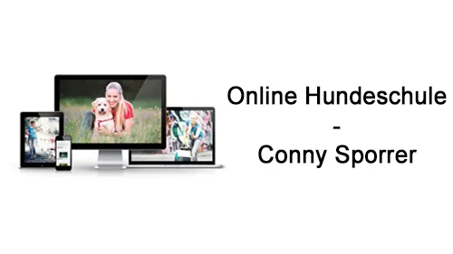 Online Hundeschule auf Monitor, Laptop, Tablet und Smartphone mit dem Schriftzug Online Hundeschule – Conny Sporrer