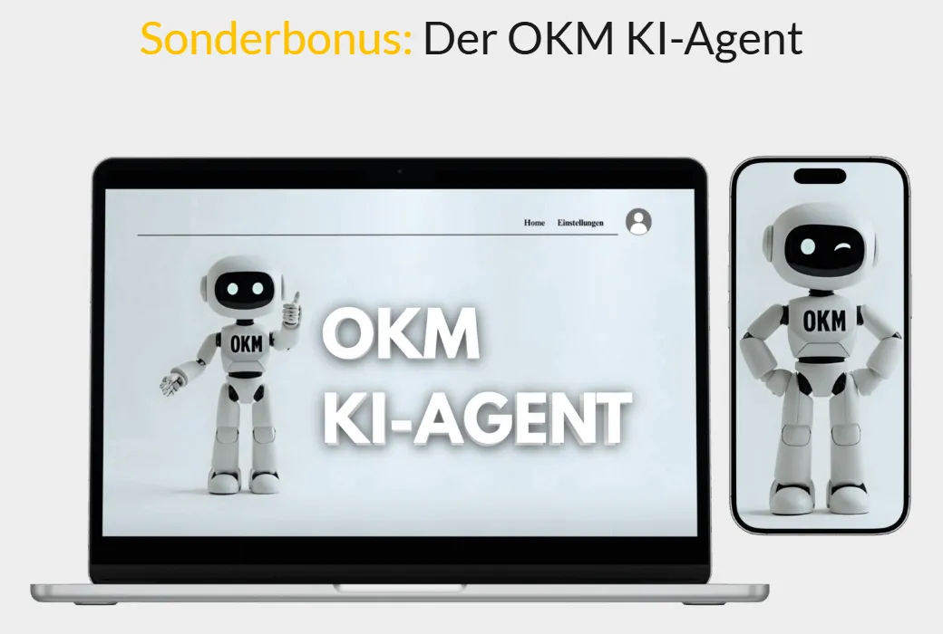 Sonderbonus OKM KI-Agent auf der Kursseite, dargestellt als Roboter auf Laptop und Smartphone