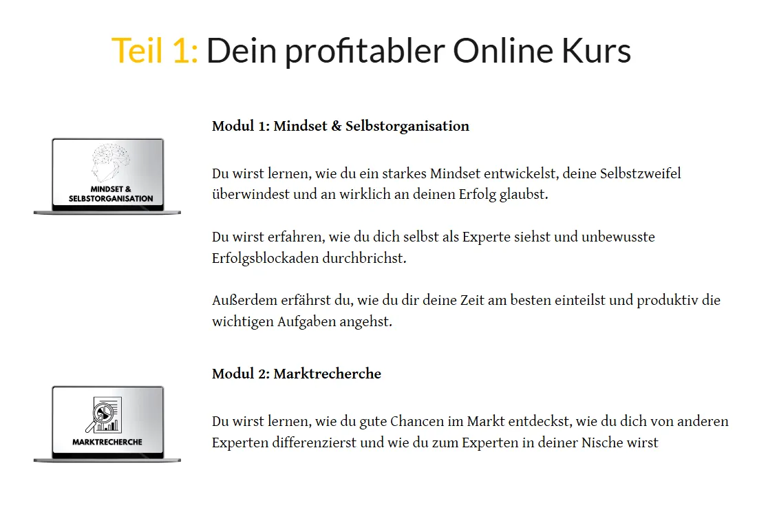 Modulübersicht der Online Kurs Masterclass auf der Kursseite mit Teil 1 und den Modulen Mindset und Marktrecherche