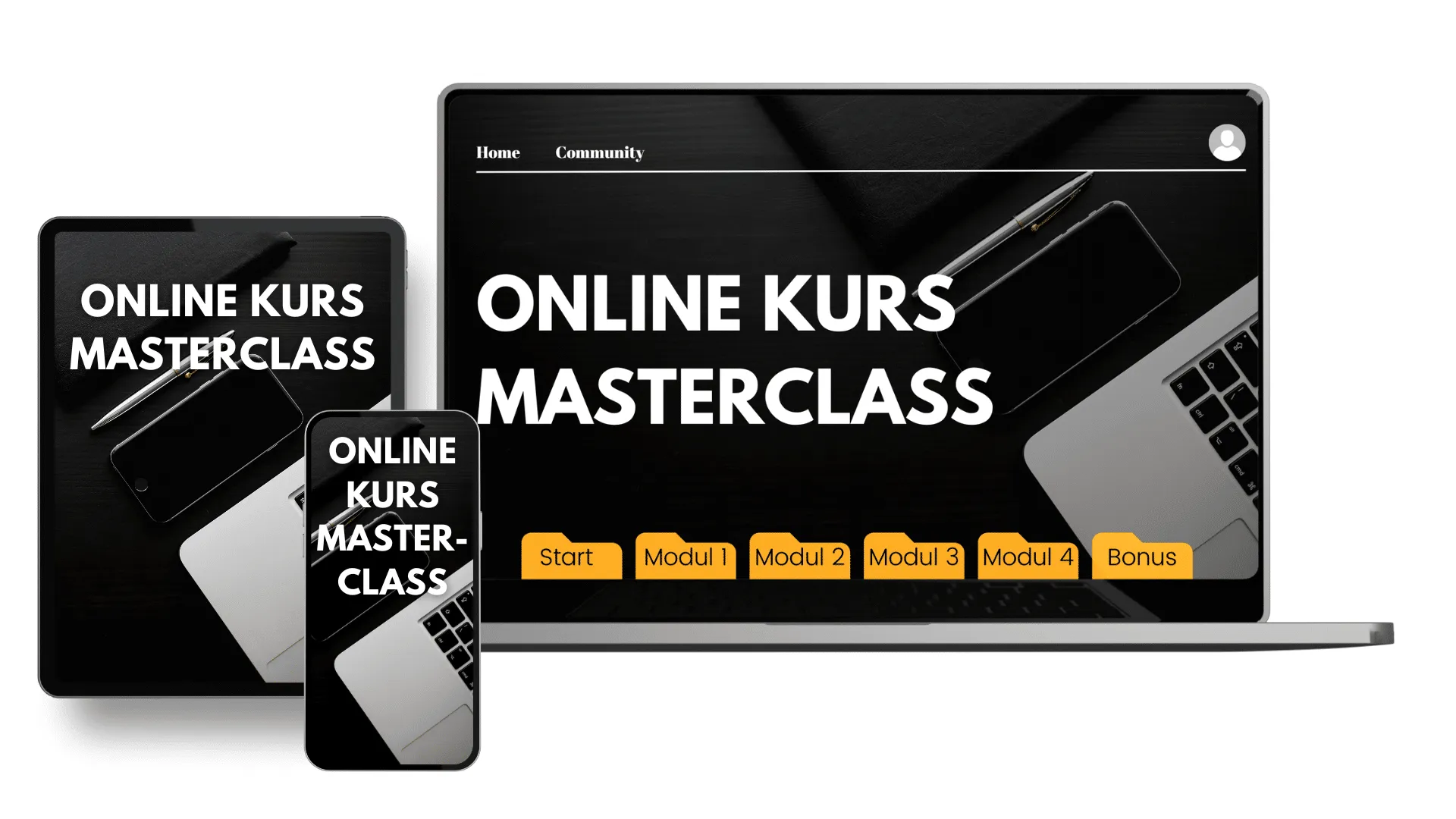 Online Kurs Masterclass auf Laptop, Tablet und Smartphone mit Vorschau des Mitgliederbereichs