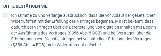 Pflicht-Häkchen im Bestellformular der Online Kurs Masterclass zum Erlöschen des Widerrufsrechts mit Beginn der Ausführung