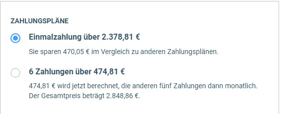 Zahlungspläne im Bestellformular der Online Kurs Masterclass: Einmalzahlung über 2.378,81 Euro oder sechs Zahlungen über 474,81 Euro