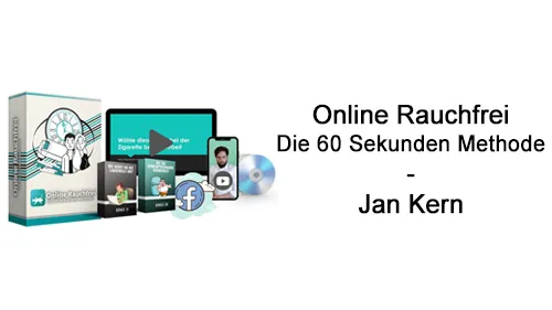 Kursbox, Monitor und Smartphone von Online Rauchfrei neben dem Schriftzug Die 60 Sekunden Methode – Jan Kern