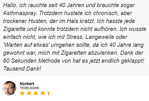 Kundenstimme von Norbert, der nach 40 Jahren Rauchen dank der 60 Sekunden Methode aufgehört hat