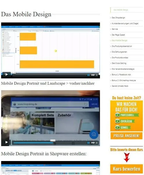 Screenshot der Lektion Mobile Design aus der Onlineshop Umsatzrakete mit Videos zu mehr Umsatz im Onlineshop