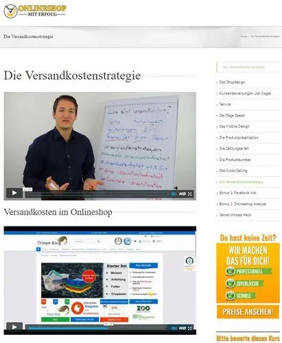 Screenshot der Lektion Versandkostenstrategie aus dem Videokurs Onlineshop Umsatzrakete von Ben Schneider