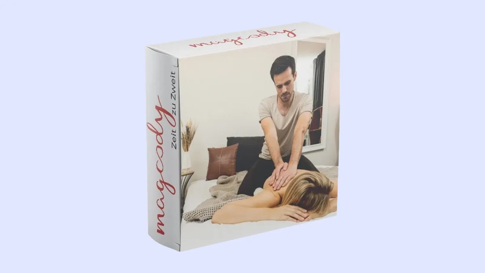 Kursbox von magoody mit dem Schriftzug Zeit zu Zweit und einem Mann, der seiner Partnerin den Rücken massiert