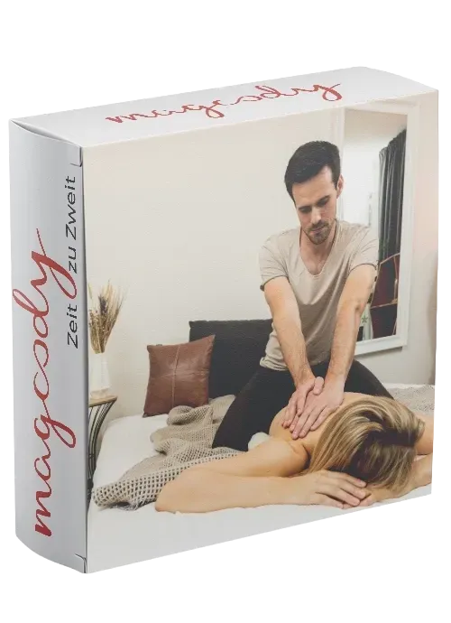 Kursbox des Paarmassage Onlinekurs von magoody mit einem Paar bei der Rückenmassage