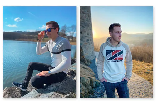 Patrick und Daniel Moser auf zwei Porträtfotos im Freien am See und vor einer Bergkulisse