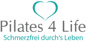 Logo von Pilates 4 Life mit Herz und dem Slogan Schmerzfrei durch's Leben