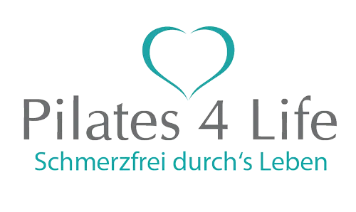 Logo von Pilates 4 Life mit türkisfarbenem Herz und dem Slogan Schmerzfrei durch's Leben