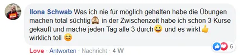 Facebook-Kommentar von Ilona Schwab, die drei Kurse von Gabriela Höper gekauft hat und täglich trainiert
