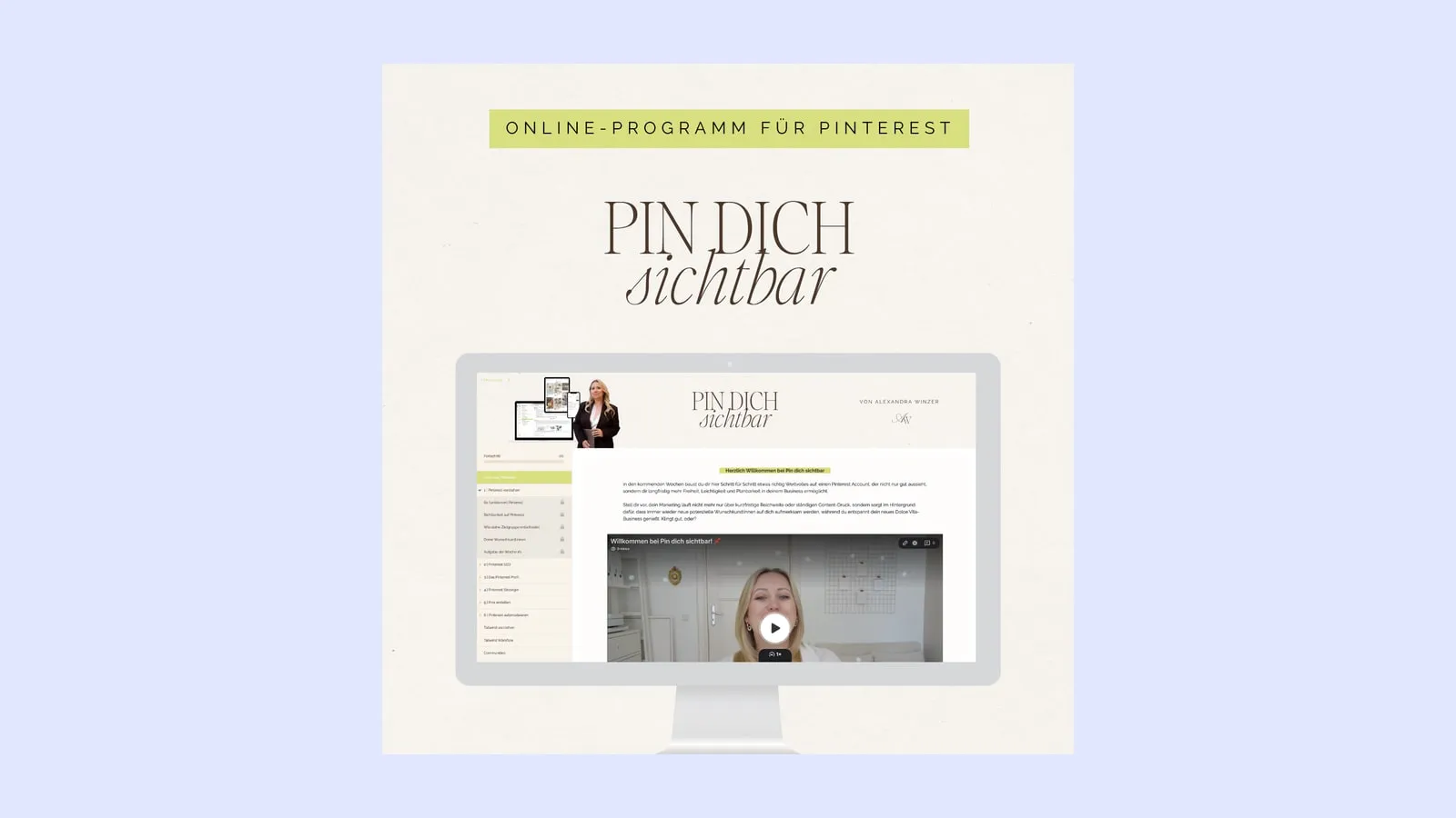 Kursbild von Pin dich sichtbar mit dem Schriftzug Online-Programm für Pinterest und einer Ansicht des Kursbereichs