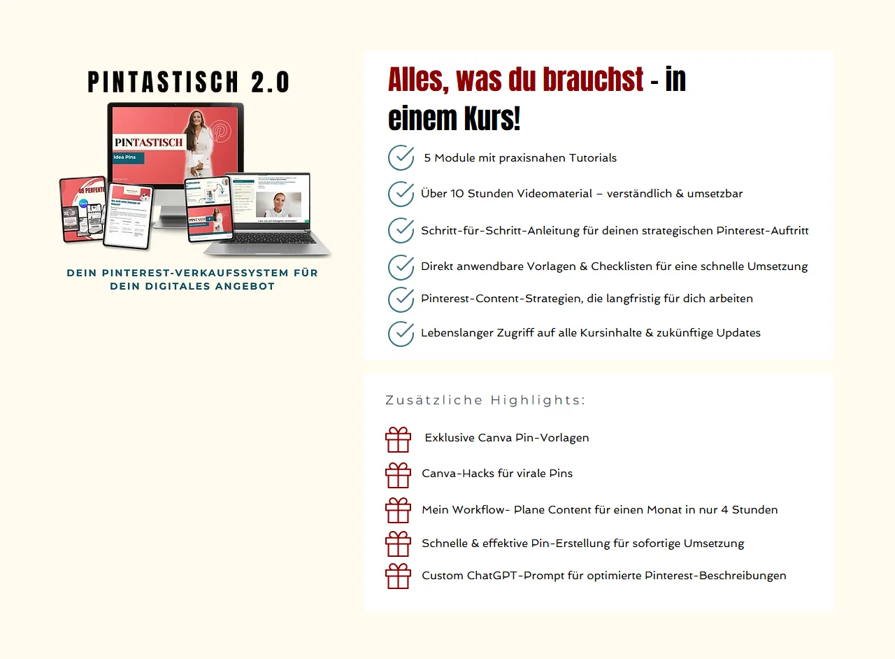 Abschnitt der Kursseite mit fünf Modulen, über zehn Stunden Videomaterial und Zusatzmaterial