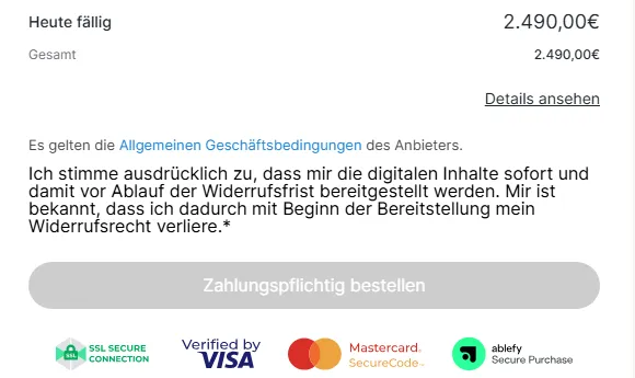 Bestellzusammenfassung von PINTASTISCH 2.0 mit 2.490 Euro, Zustimmung zum Widerrufsrecht und Bestellknopf