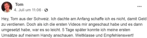 Facebook-Kommentar von Tom aus der Schweiz: erste Umsätze fünf Tage nach dem Start mit dem Pizza Affiliate System