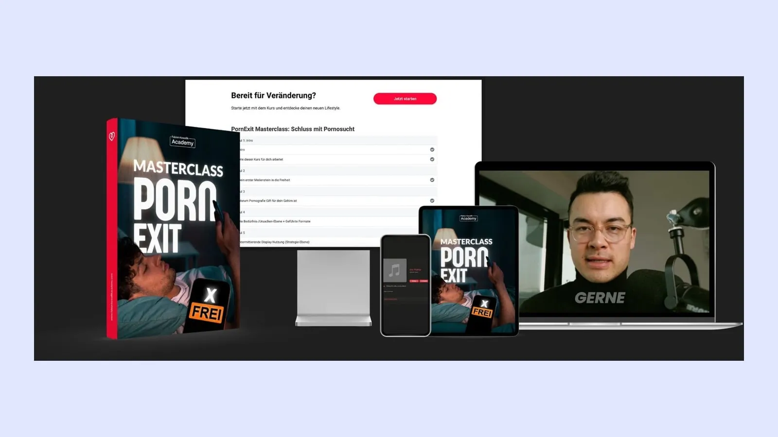 Kursmaterial der Pornexit Masterclass auf Laptop, Tablet und Smartphone neben einem Buchcover mit dem Schriftzug Masterclass Porn Exit