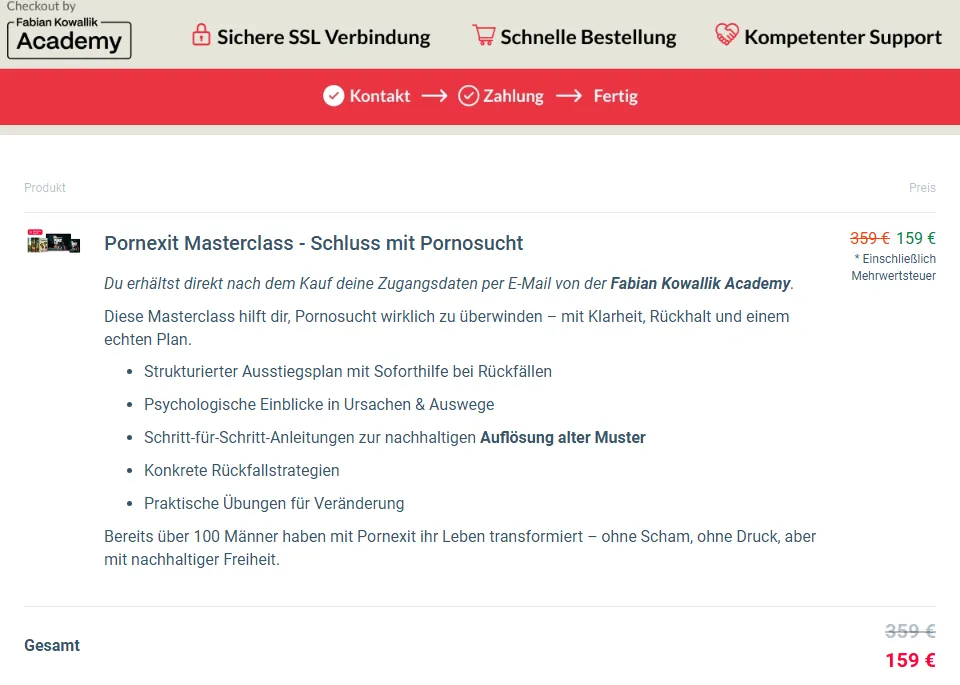 Bestellformular der Pornexit Masterclass mit 159 Euro statt 359 Euro inklusive Mehrwertsteuer