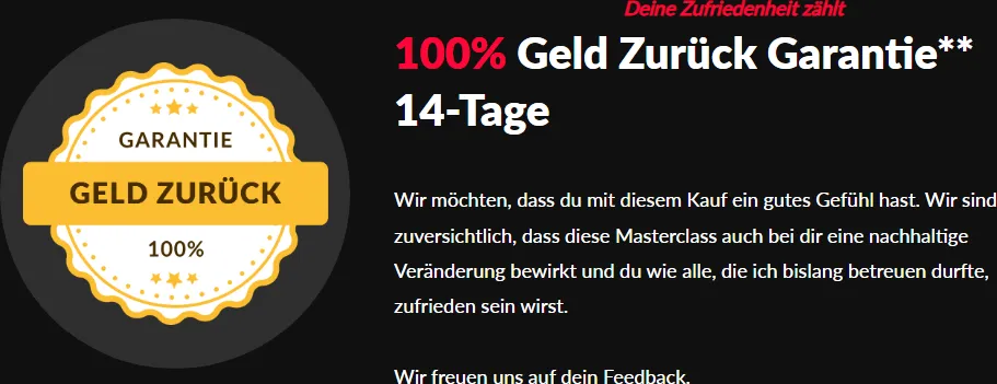Garantie-Siegel Geld zurück 100 Prozent mit dem Hinweis auf 14 Tage auf der Kursseite der Pornexit Masterclass