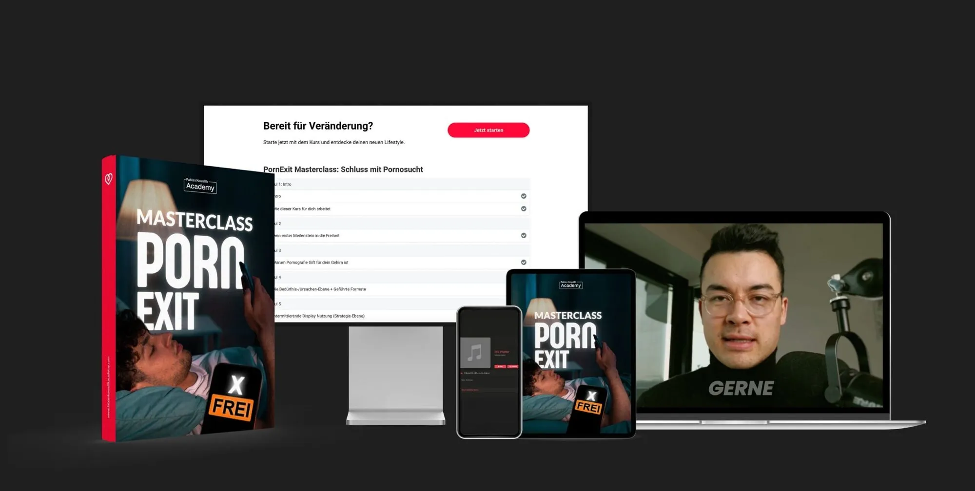 Kursmaterial der Pornexit Masterclass auf Laptop, Tablet und Smartphone mit Modulübersicht und Buchcover