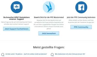 Support-Bereich der PPE Academy mit Kontakt-Button, PPE Community und häufig gestellten Fragen