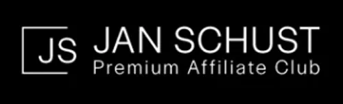Schriftzug Jan Schust Premium Affiliate Club mit JS-Logo auf schwarzem Hintergrund