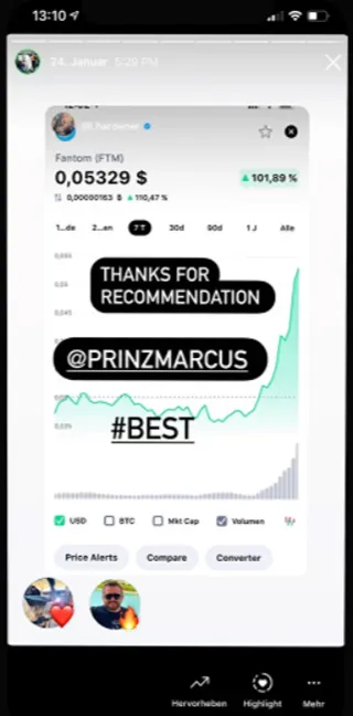 Instagram-Story eines Kunden mit Fantom-Kursgewinn von über 100 % und Dank an Prinz Marcus für die Empfehlung