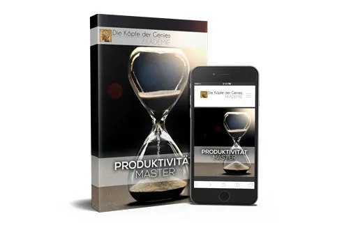 Kursbox und Smartphone des Produktivität Master Video-Kurses von Maxim Mankevich mit Sanduhr