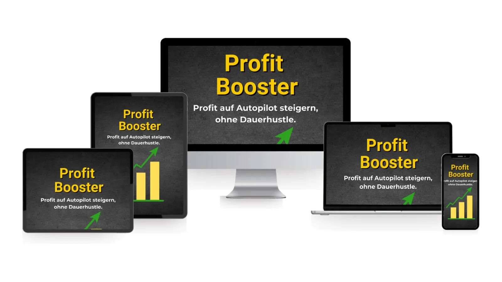 Kursgrafik Profit Booster auf Monitor, Laptop, Tablets und Smartphone mit gelbem Schriftzug und Balkendiagramm