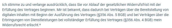 Wortlaut der Zustimmung im Bestellformular von Profit Booster zum Beginn vor Ablauf der Widerrufsfrist