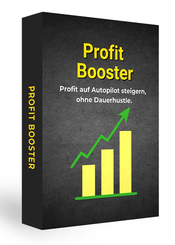 Kursbox Profit Booster in Schwarz mit gelbem Schriftzug, grünem Pfeil und gelben Balken