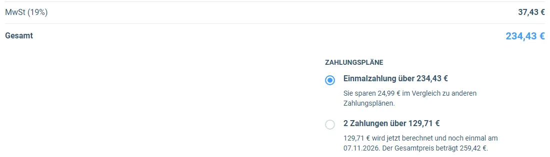 Bestellformular Profit Booster mit 37,43 Euro Mehrwertsteuer, Gesamtpreis 234,43 Euro und den Zahlungsplänen Einmalzahlung oder zwei Zahlungen zu 129,71 Euro