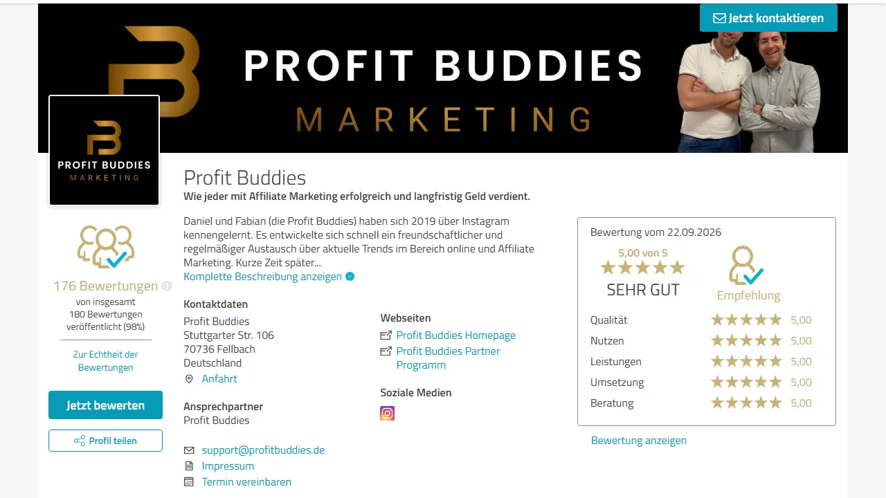 Profil der Profit Buddies auf ProvenExpert mit 176 Bewertungen und einer Bewertung vom 22.09.2026 mit 5,00 von 5