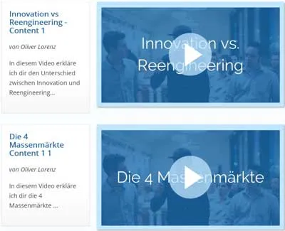 Videos zu Innovation vs Reengineering und Massenmärkten zur Umsetzung in der Projekt Passives Einkommen Academy