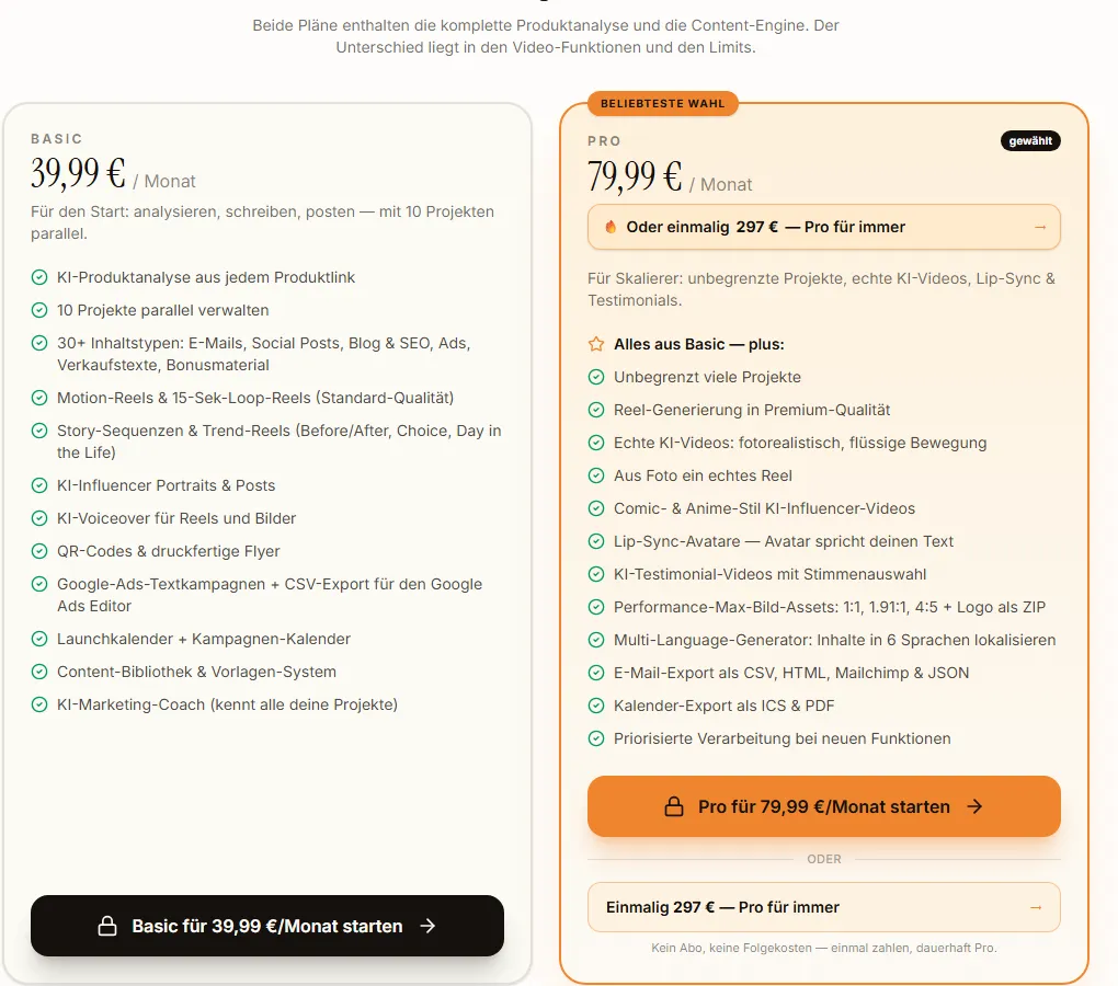 Tarifübersicht von PromoPilot mit Basic für 39,99 Euro und Pro für 79,99 Euro im Monat oder einmalig 297 Euro