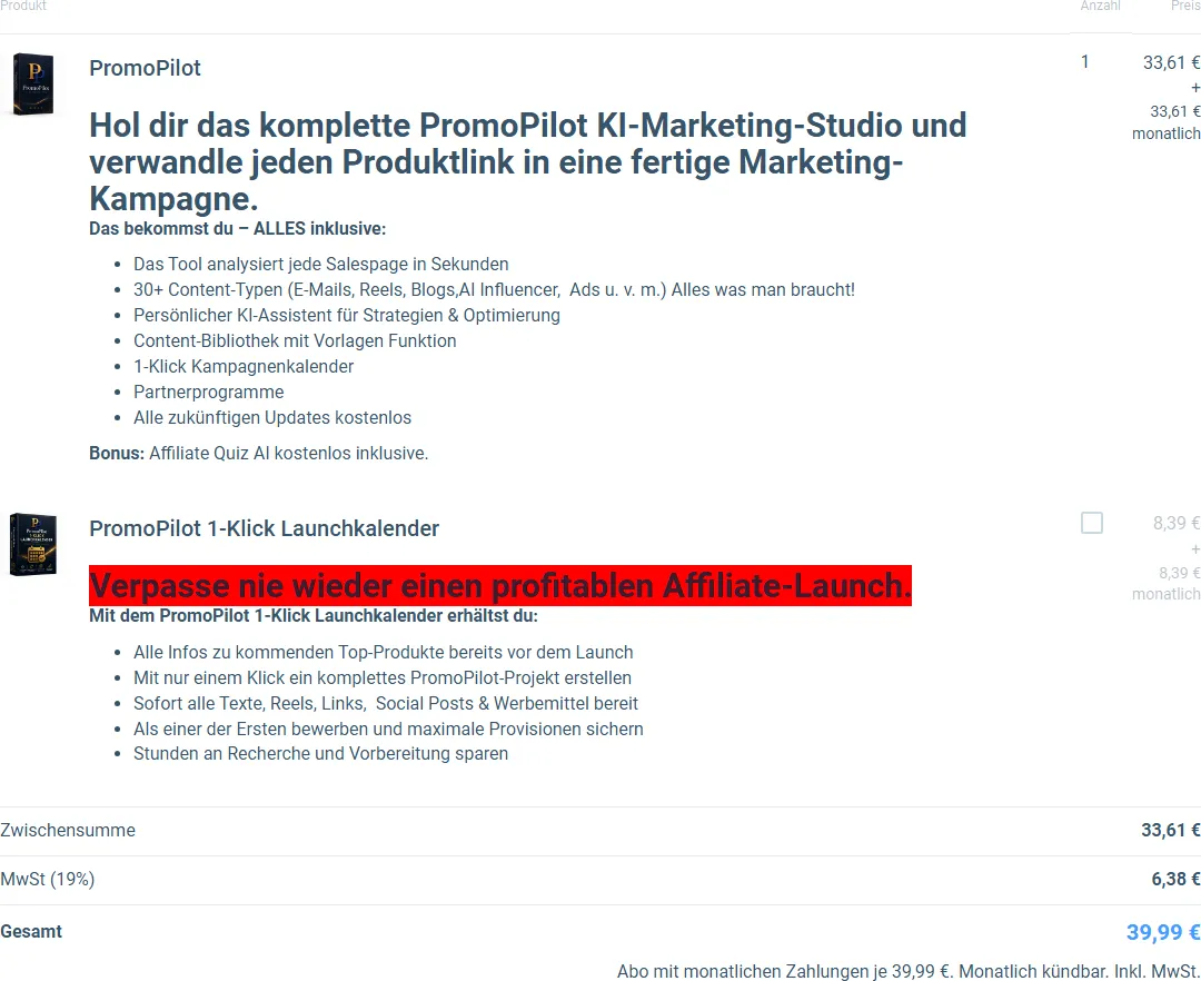 Bestellformular von PromoPilot mit 39,99 Euro im Monat und dem freiwilligen Zusatz 1-Klick Launchkalender