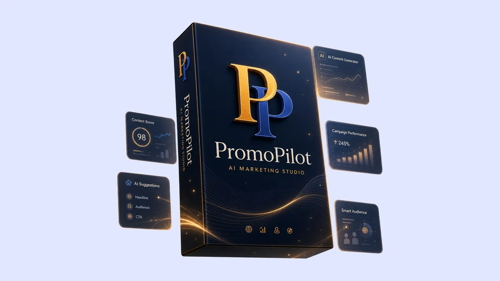 Produktgrafik von PromoPilot: Schachtel mit dem P-Logo und schwebenden Kacheln wie Content Score und AI Content Generator