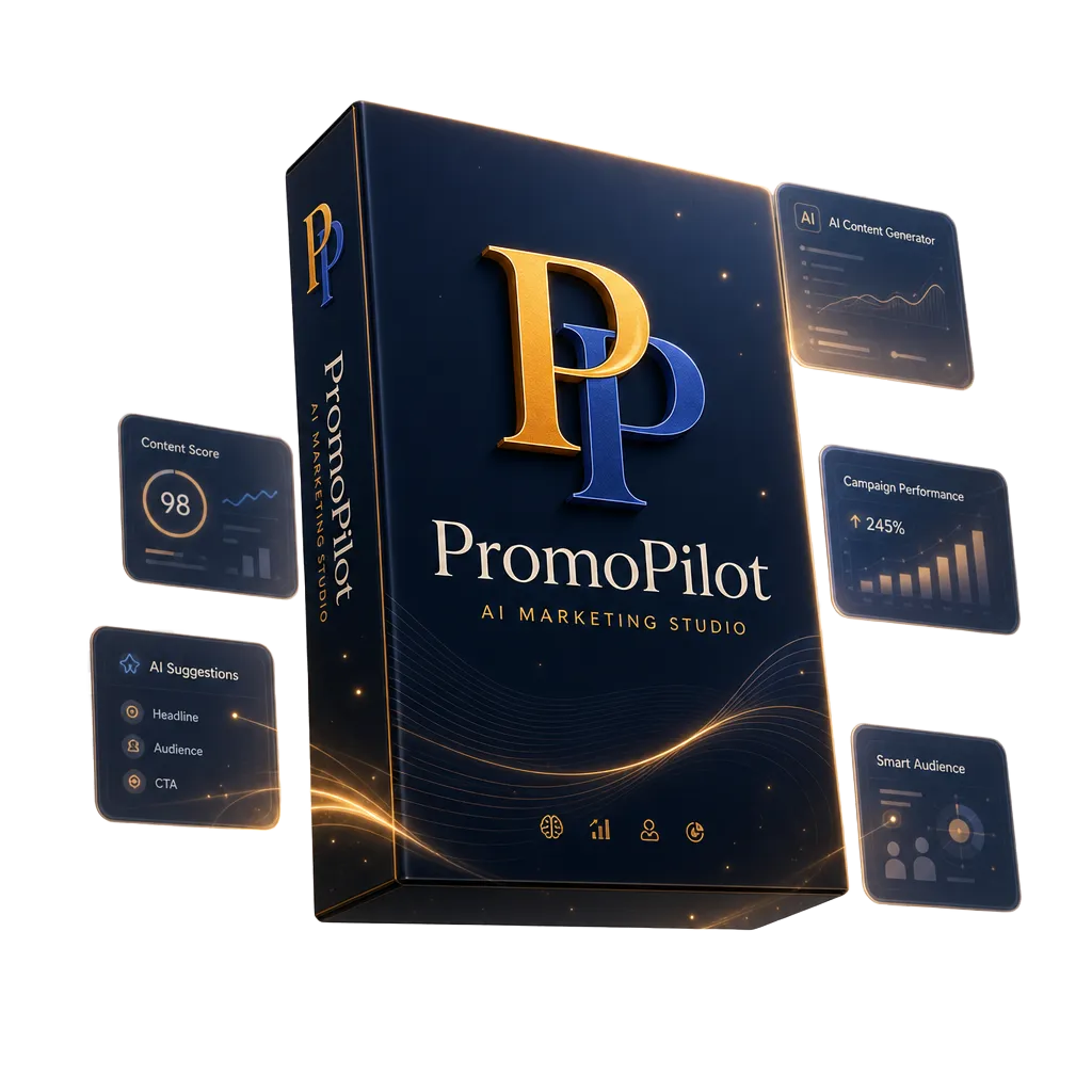 Produktgrafik von PromoPilot: Schachtel mit dem P-Logo und schwebenden Kacheln wie Content Score und AI Content Generator