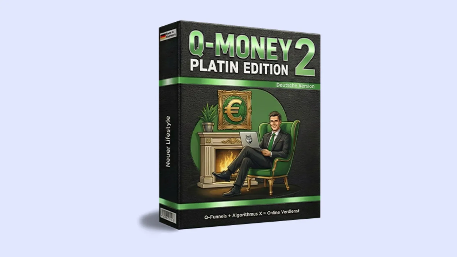 Dunkle Produktbox von Q-Money 2 Platin Edition mit einem Mann im grünen Sessel vor einem Kamin