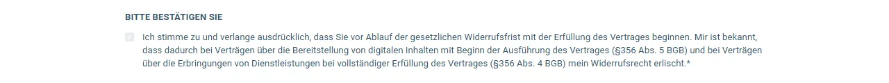 Text zum Pflicht-Häkchen im Bestellformular von Q-Money zum Start vor Ablauf der Widerrufsfrist
