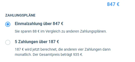 Zahlungspläne im Bestellformular von Q-Money mit Einmalzahlung über 847 Euro und fünf Zahlungen über 187 Euro