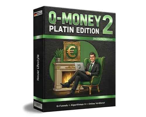 Produktbox von Q-Money 2 Platin Edition mit der Zeile Q-Funnels plus Algorithmus X gleich Online Verdienst