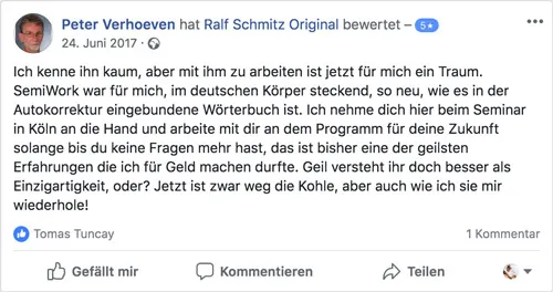 Facebook-Bewertung von Peter Verhoeven über die Zusammenarbeit mit Ralf Schmitz beim Seminar in Köln