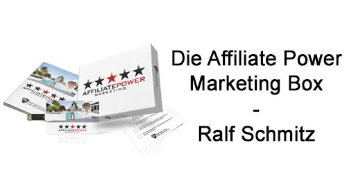 Affiliate Power Marketing Box mit USB-Karte und Handbuch neben dem Schriftzug Die Affiliate Power Marketing Box – Ralf Schmitz