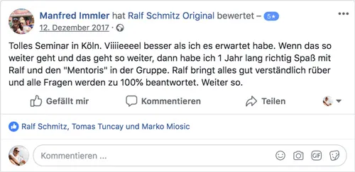Facebook-Bewertung von Manfred Immler über ein Seminar und das Mentoris-Programm von Ralf Schmitz in Köln